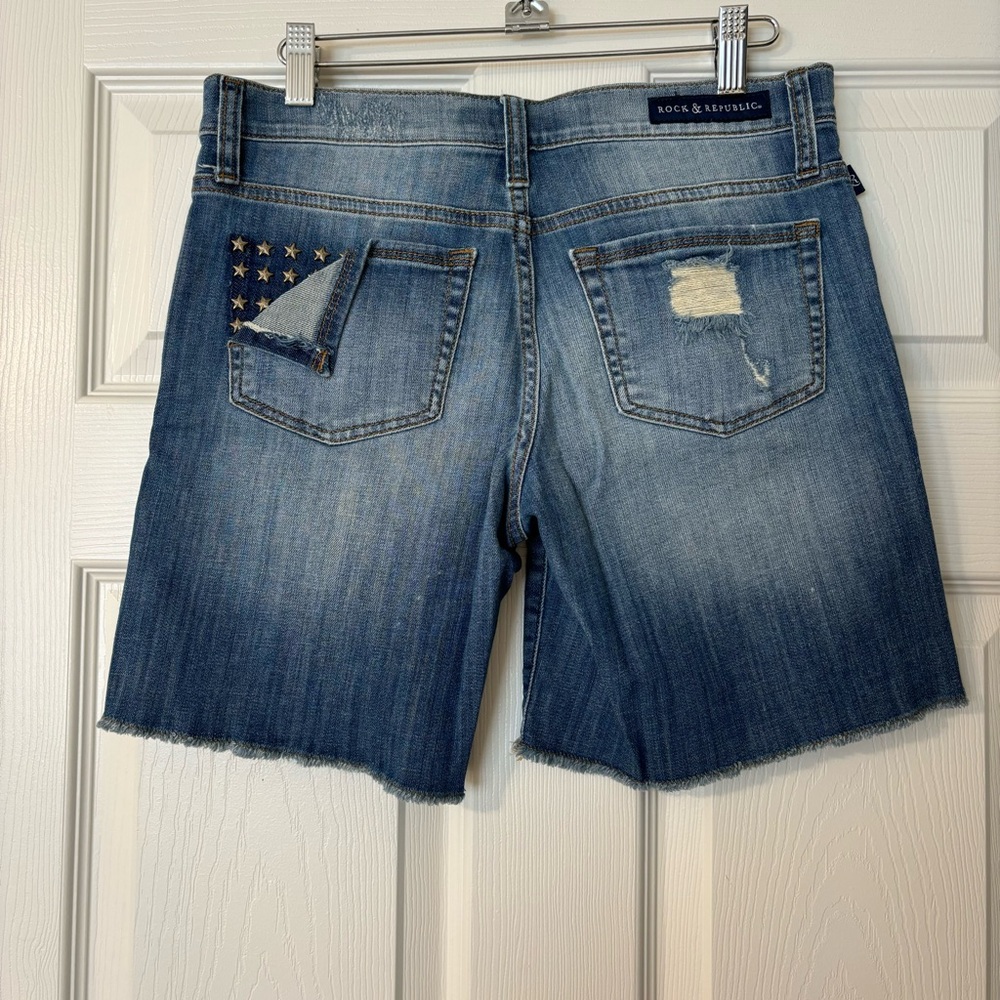 Rock & Republic Outlaw Bumpershoot Star Studded Denim Roll Cuff Shorts, Size 4